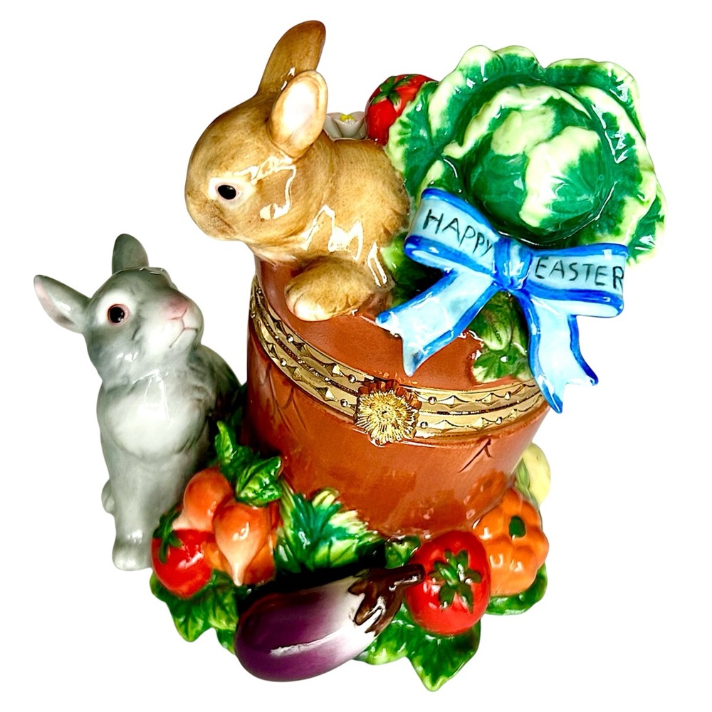 Vtg Hand Painted Porcelain Hinged Faberge Trinket Box Spring Garden Easter